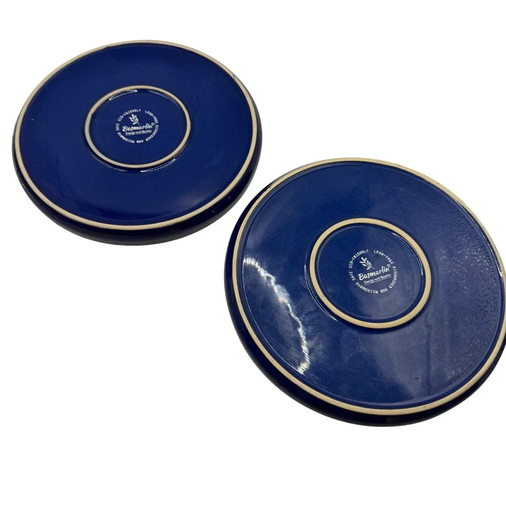Bosmarlin Cobalt Blue‎ Stoneware Salad Plates Set of 2 Black Rim 8 Inch Ceramic